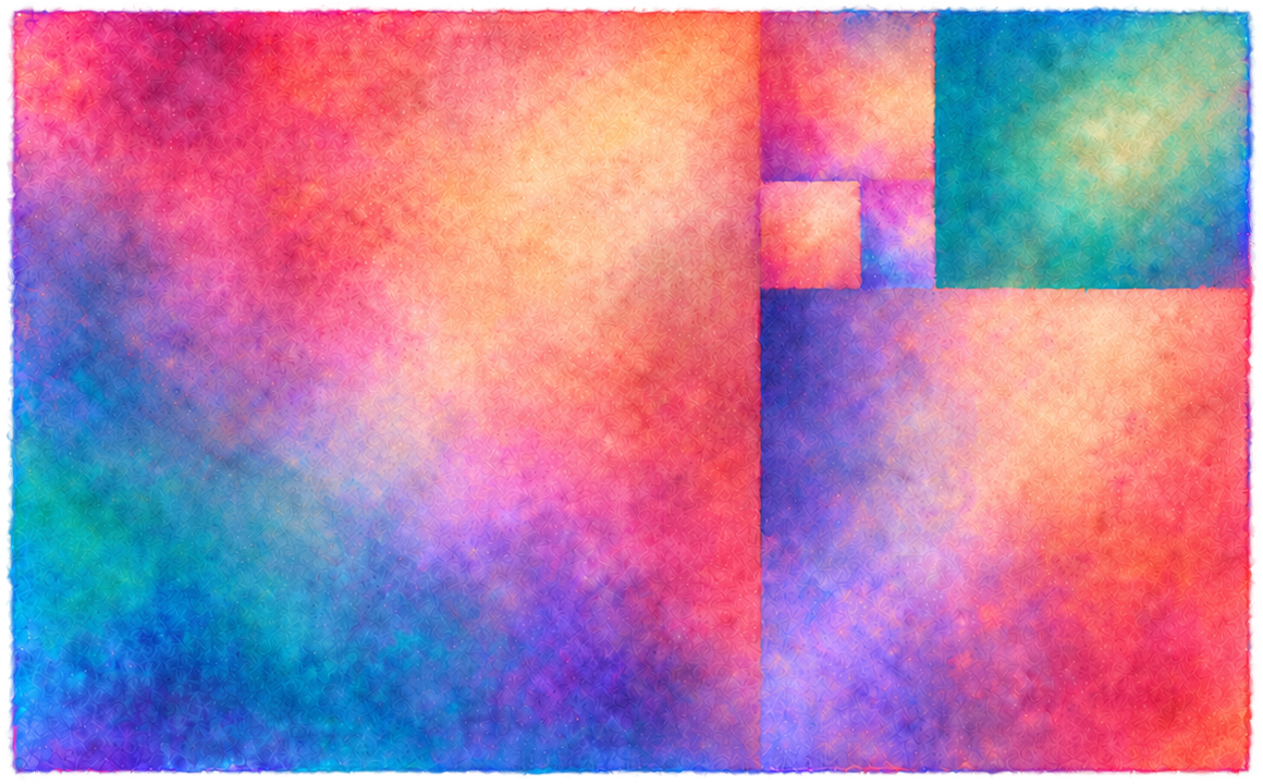 Six connected blocks painted in pink, coral, peach, violet, and teal, with richly textured pigment and soft bleeding edges.