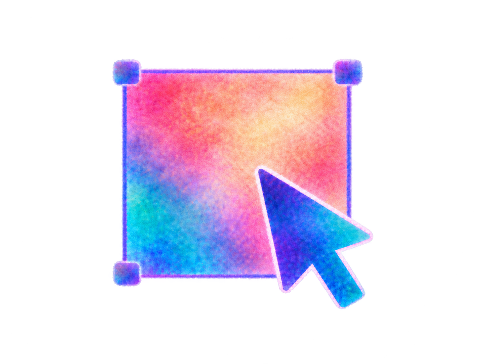 A painted selection frame and cursor in pink, violet, and teal, representing the editor.