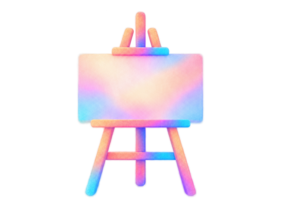A pastel painted easel in pink, coral, and teal, representing drawing sheets and presentations.